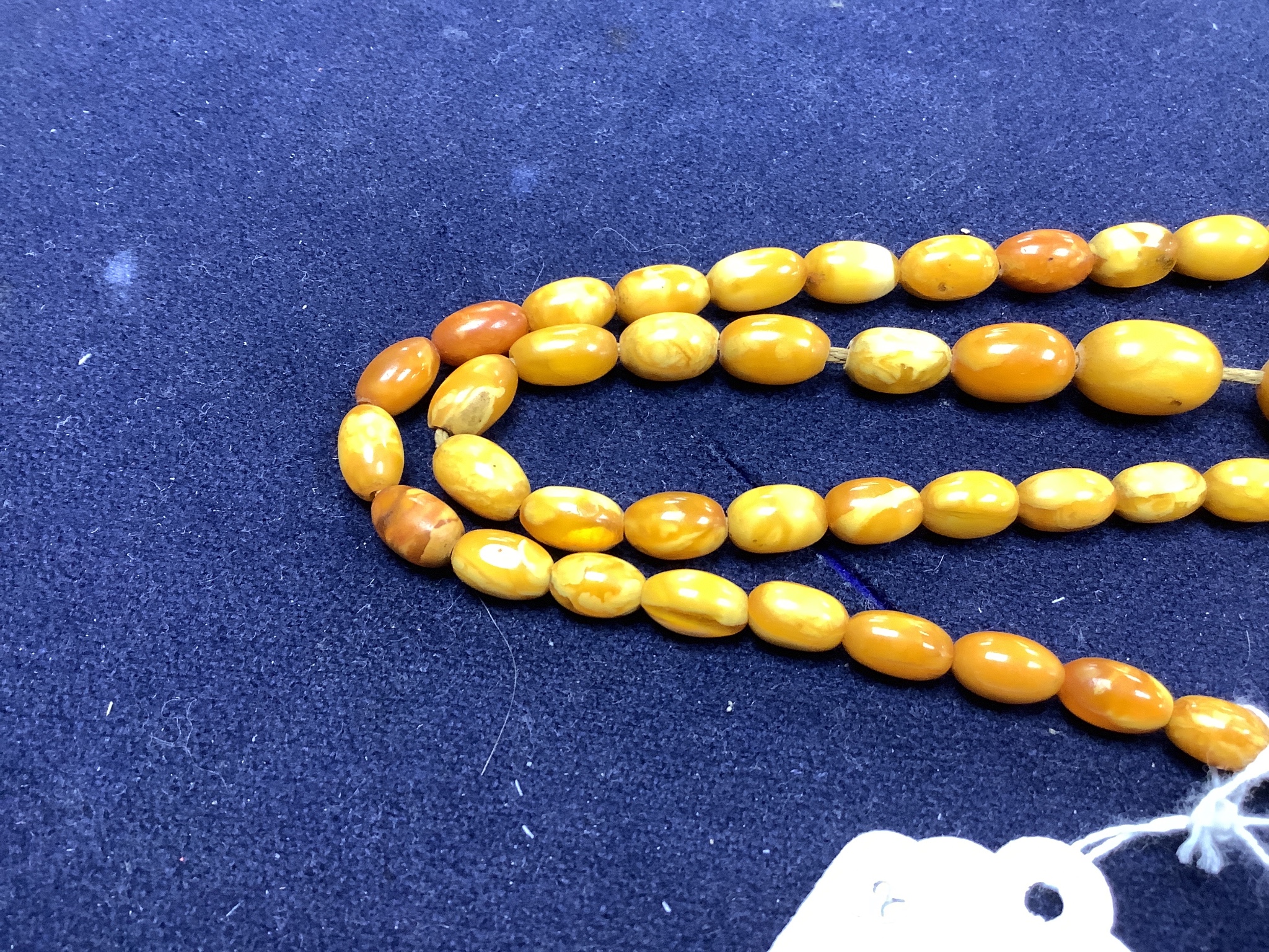 A string of amber beads and a specimen piece of Baltic amber